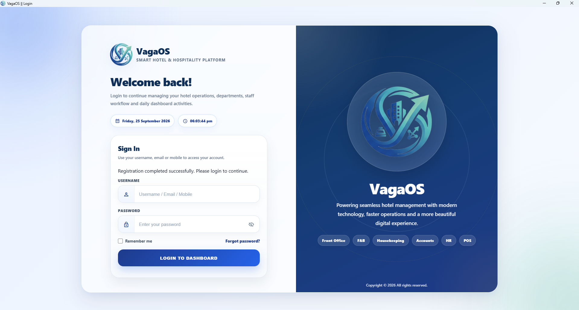 VagaOS App First Time - Login after registration