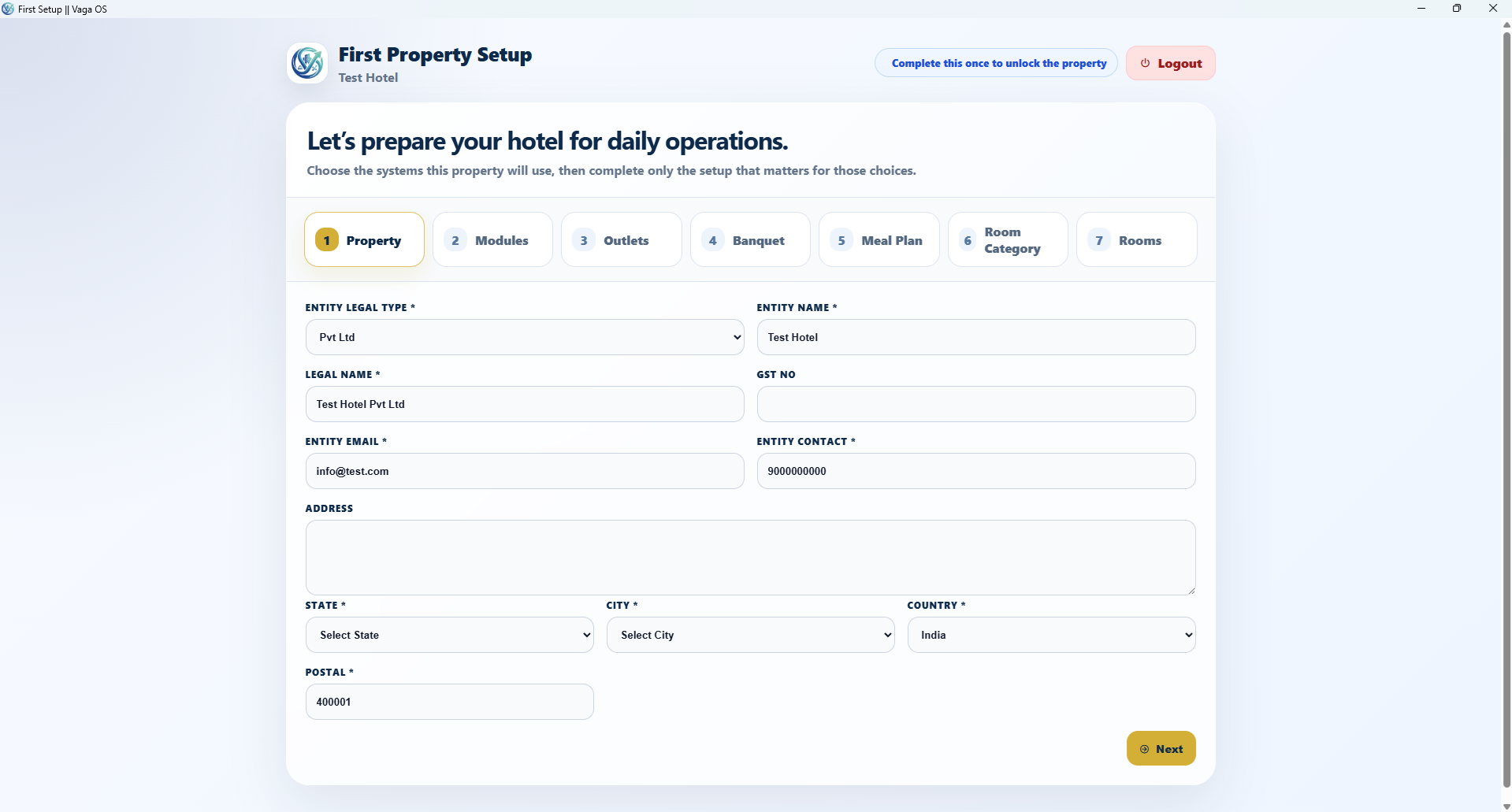 First Login Setup - Complete property details
