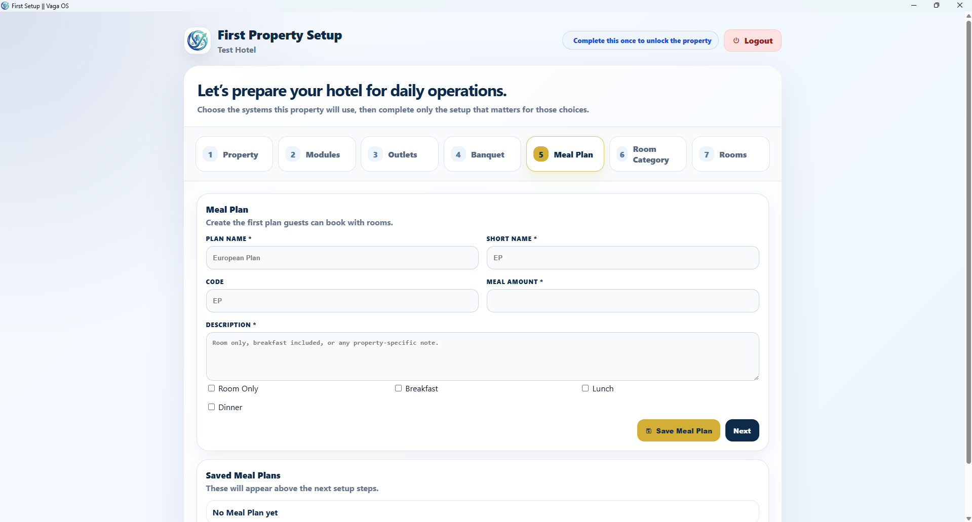 First Login Setup - Create meal plans